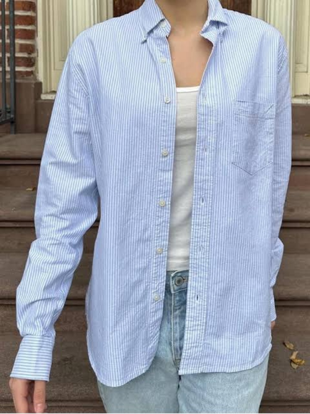 Brandy Melville White and Light Blue Striped Button-Down Shirt